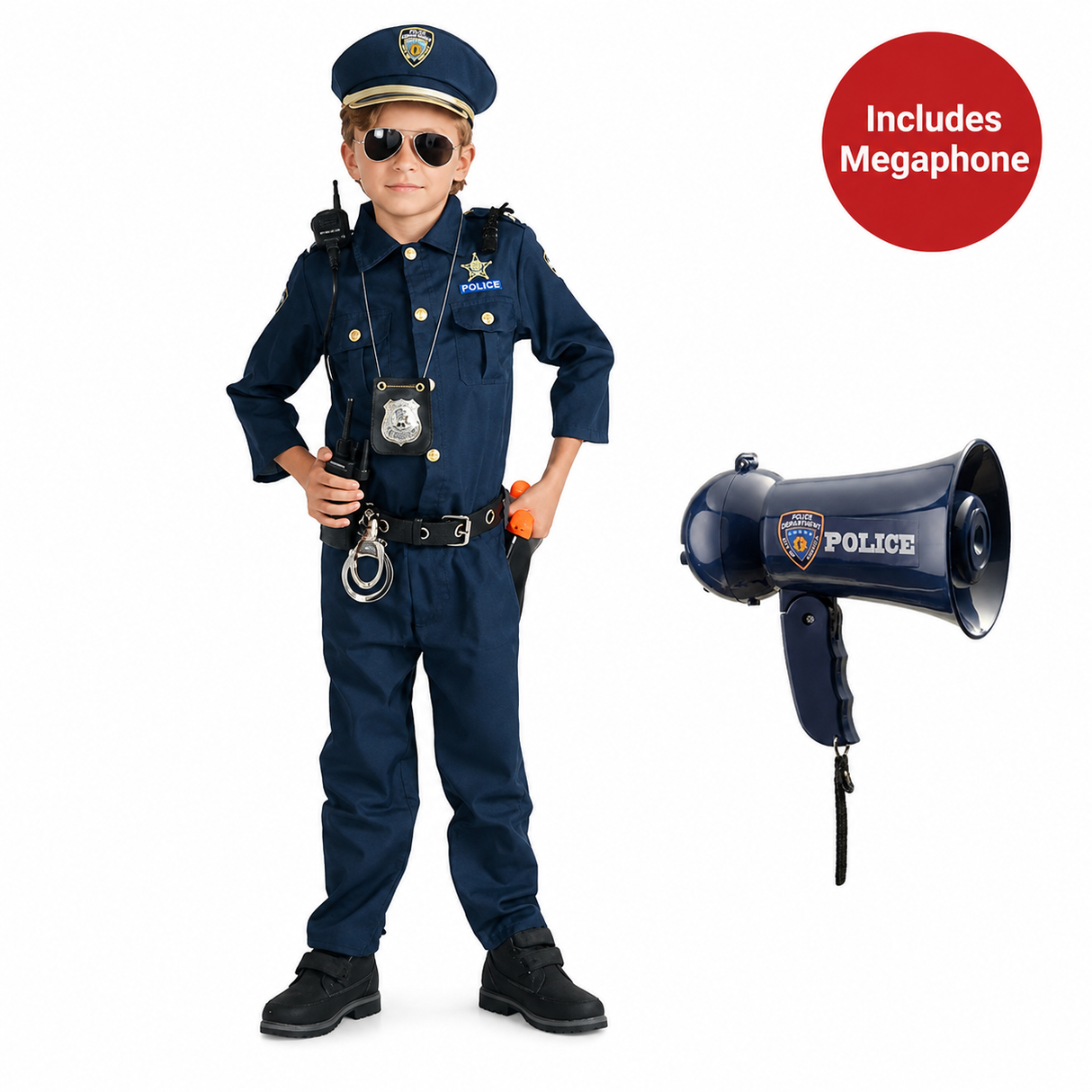 Kids Police Officer Costume Set with Megaphone – Deluxe 12-Piece Police Dress Up Set
