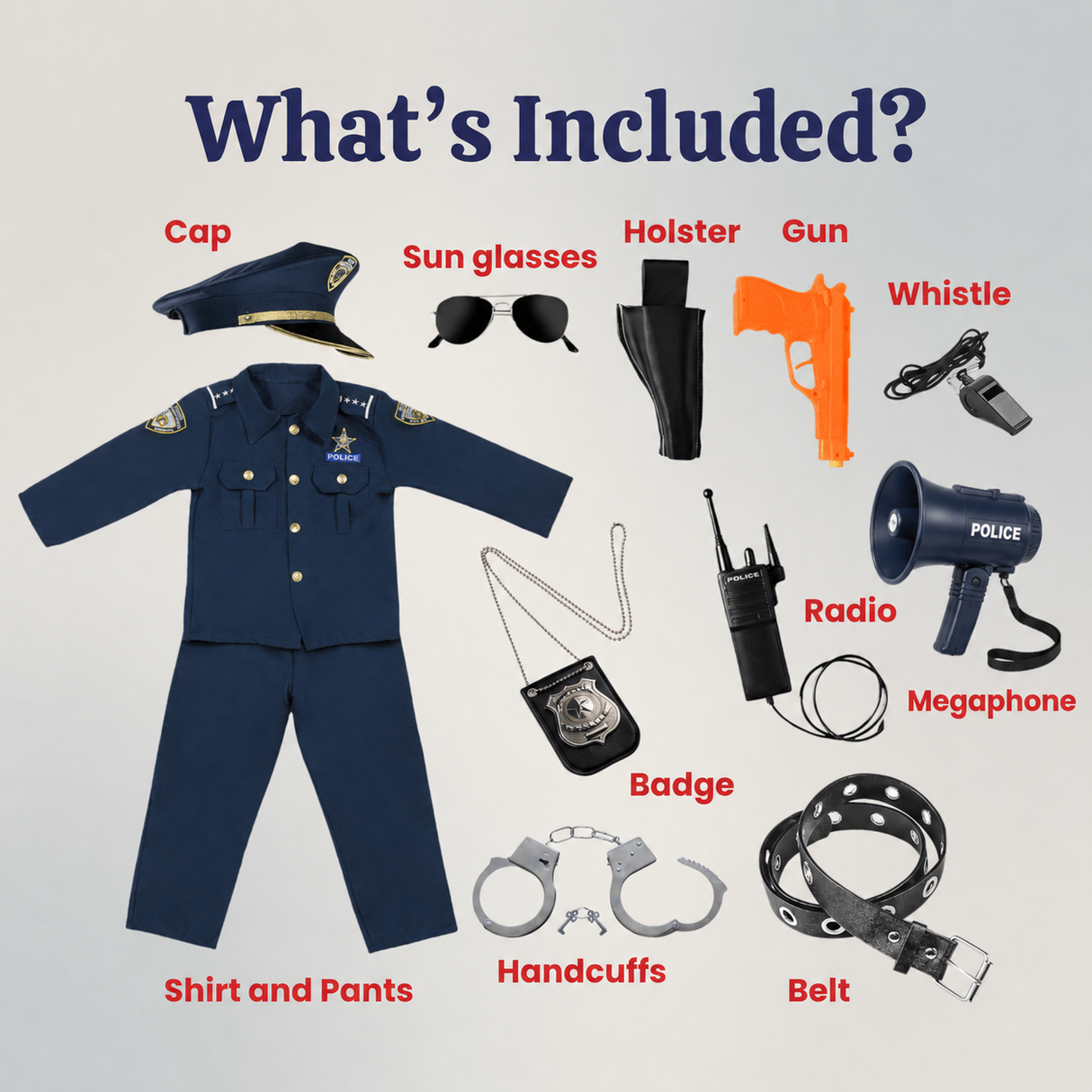 Kids Police Officer Costume Set with Megaphone – Deluxe 12-Piece Police Dress Up Set