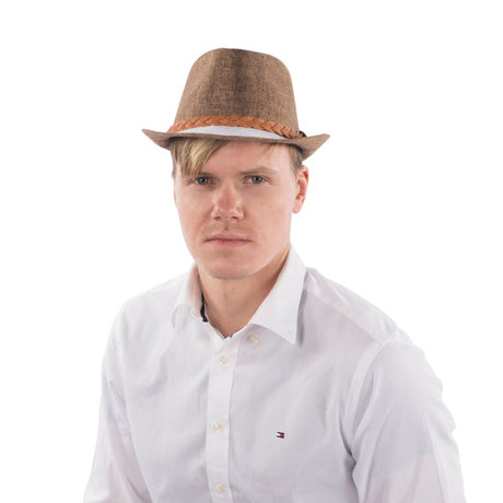 Brown Fedora with White Brim